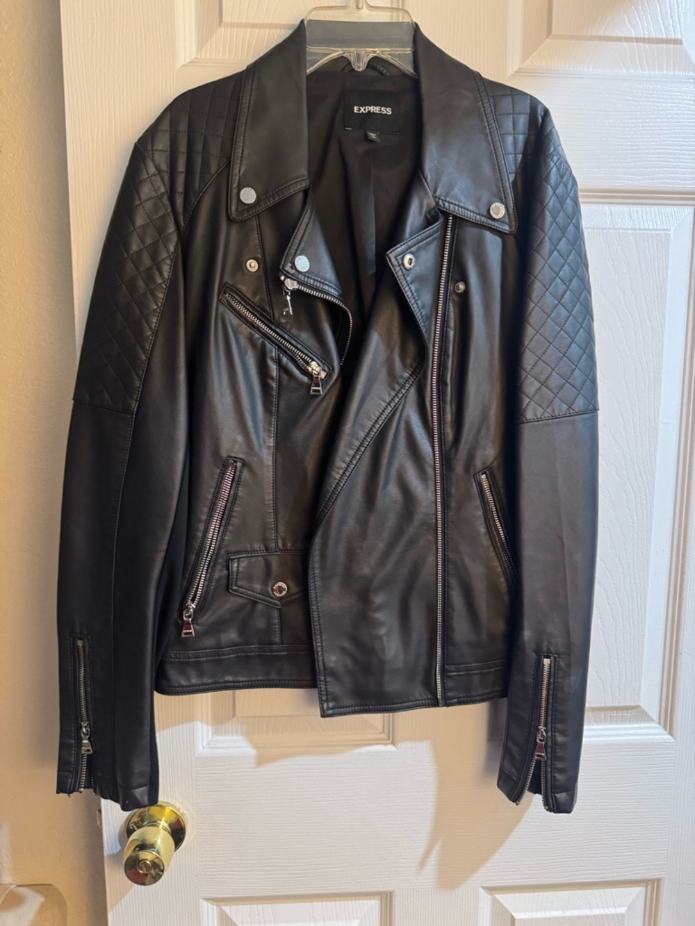 Express Black Quilted-Shoulder Leather Moto Jacket